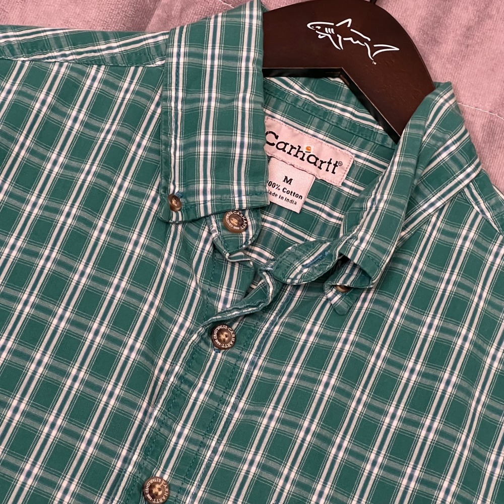 Carhartt Button Down Shirt Mens Medium Green Plaid Excellent Short Sleeve S208